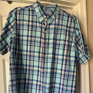 NWT Izod Short Sleeve Navy/Aqua/White/Peach Button Down Shirt Mens XL